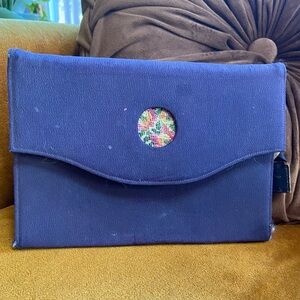 Blue Fabric Clutch with Floral Accent